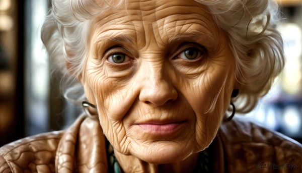 HQ,1girl,solo,looking at viewer,short hair,brown eyes,jewelry,closed mouth,white hair,earrings,blurry,lips,depth of field,blurry background,portrait,realistic,nose,old,old man,old woman,wrinkled skin,close-up,curly hair