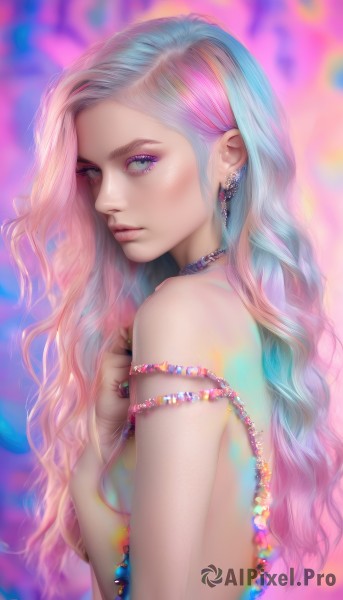 1girl,solo,long hair,breasts,looking at viewer,blush,blue eyes,bare shoulders,jewelry,medium breasts,closed mouth,blue hair,upper body,pink hair,nude,multicolored hair,earrings,small breasts,choker,blurry,from side,two-tone hair,lips,looking to the side,eyelashes,gradient hair,makeup,wavy hair,hand on own chest,gem,eyeshadow,realistic,nose,mascara,necklace,grey eyes,ring,armlet,beads,multicolored background,pearl (gemstone)