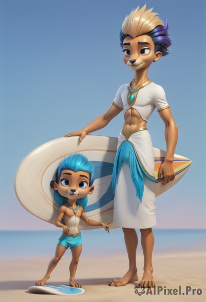 smile,blonde hair,black hair,hat,navel,holding,animal ears,jewelry,blue hair,standing,full body,purple hair,male focus,multicolored hair,outdoors,multiple boys,shorts,barefoot,teeth,day,dark skin,2boys,necklace,black eyes,two-tone hair,beach,abs,dark-skinned male,tan,child,furry,personification,sand,furry male,male child,male swimwear,swim trunks,surfboard,looking at viewer,short hair,open mouth,blue eyes,brown hair,shirt,brown eyes,closed mouth,collarbone,tail,white shirt,short sleeves,earrings,parted lips,sky,midriff,artist name,water,blurry,blue sky,crop top,see-through,hand on hip,looking to the side,muscular,blurry background,ocean,aged down,pectorals,muscular male,claws,toned,bulge,topless male,height difference,straw hat,holding clothes,body fur,toned male,lion ears,animal nose,holding hat,snout,brown fur,two-tone fur,pompadour,lion boy