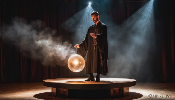 solo,short hair,black hair,long sleeves,1boy,holding,standing,full body,male focus,boots,indoors,wide sleeves,black footwear,facial hair,table,curtains,steam,beard,smoke,robe,magic,light,orb,spotlight,crystal ball,hat,light rays,mustache,fog,black robe