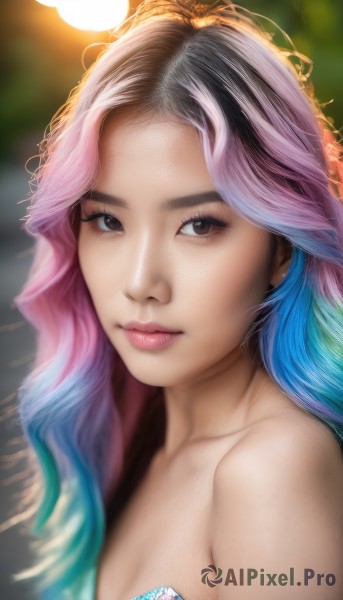 1girl,solo,long hair,breasts,looking at viewer,cleavage,bare shoulders,brown eyes,medium breasts,closed mouth,blue hair,collarbone,upper body,pink hair,multicolored hair,artist name,blurry,black eyes,two-tone hair,lips,eyelashes,strapless,gradient hair,makeup,depth of field,blurry background,watermark,portrait,web address,realistic,nose,freckles