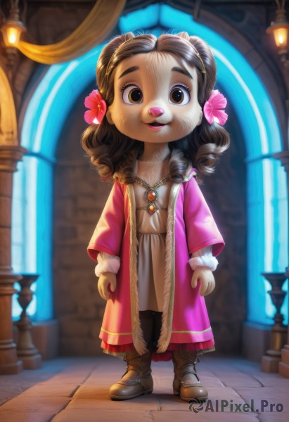 1girl,solo,long hair,looking at viewer,smile,open mouth,brown hair,hair ornament,long sleeves,dress,brown eyes,jewelry,standing,full body,flower,boots,teeth,indoors,hair flower,necklace,blurry,coat,fur trim,blurry background,brown footwear,drill hair,furry,pink flower,curly hair,robe,furry female,arms at sides,body fur,animal nose,parted lips,open clothes,dark skin,flat chest,dark-skinned female,lips,loli,freckles,brown fur