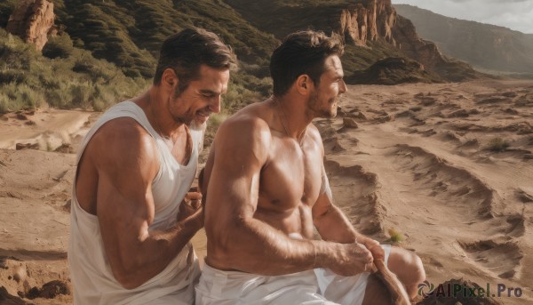 short hair,black hair,sitting,closed mouth,nipples,closed eyes,male focus,outdoors,multiple boys,shorts,2boys,looking at another,muscular,facial hair,abs,tank top,pectorals,muscular male,bara,beard,large pectorals,topless male,mountain,mature male,realistic,mustache,white tank top,chest hair,arm hair,brown hair,holding,bare shoulders,sky,day,yaoi,sideburns,bare pectorals,fine art parody,sidepec