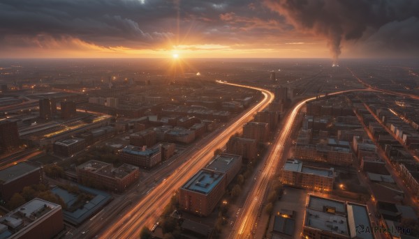 outdoors,sky,cloud,water,tree,no humans,ocean,sunlight,cloudy sky,fire,building,scenery,smoke,sunset,city,sun,horizon,cityscape,house,rooftop,from above,ground vehicle,nature,motor vehicle,mountain,car,road,bridge,street,river,skyscraper,tower,landscape,train,city lights,town