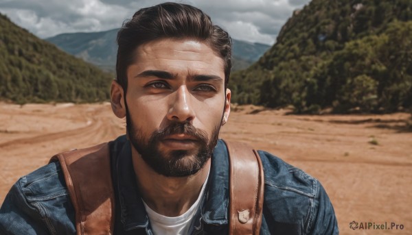 solo,looking at viewer,short hair,brown hair,shirt,black hair,1boy,brown eyes,closed mouth,jacket,white shirt,upper body,male focus,outdoors,sky,day,cloud,blurry,black eyes,vest,tree,looking to the side,blurry background,facial hair,denim,portrait,beard,mountain,realistic,mustache,manly,animification,denim jacket,bag,thick eyebrows,backpack,leather,leather jacket,desert