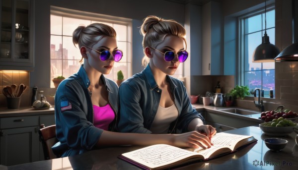 breasts,short hair,blue eyes,multiple girls,blonde hair,brown hair,shirt,2girls,cleavage,jewelry,medium breasts,sitting,closed mouth,collarbone,jacket,upper body,ponytail,earrings,food,open clothes,glasses,artist name,indoors,hair bun,open jacket,cup,lips,book,eyelashes,window,makeup,siblings,chair,table,single hair bun,sunglasses,tank top,plant,blue jacket,casual,desk,sleeves rolled up,bowl,open book,nose,round eyewear,reading,potted plant,lamp,tinted eyewear,hair pulled back,kitchen,sleeves pushed up,mascara,counter,looking over eyewear,denim jacket,aviator sunglasses,purple-tinted eyewear,fruit,bottle,reflection,pink shirt,jar,updo,blinds