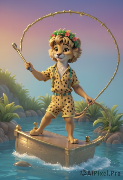 solo,looking at viewer,smile,short hair,brown hair,shirt,hair ornament,1boy,holding,animal ears,brown eyes,standing,tail,full body,flower,short sleeves,male focus,outdoors,sky,shorts,barefoot,teeth,belt,artist name,signature,hair flower,water,watermark,happy,suspenders,plant,child,furry,sunset,yellow shirt,rock,furry male,watercraft,male child,body fur,head wreath,animal nose,river,boat,fishing rod,gradient sky,suspender shorts,holding fishing rod,open mouth,blonde hair,animal,leaf,freckles,snout,wreath,flower wreath,fishing