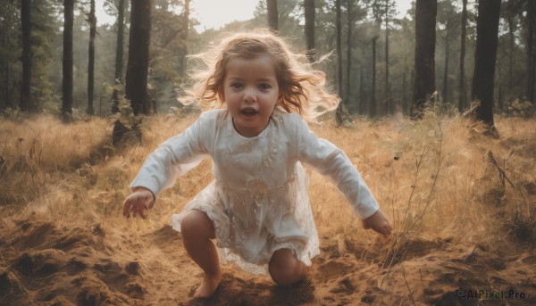 1girl,solo,long hair,looking at viewer,open mouth,brown hair,long sleeves,dress,brown eyes,full body,outdoors,barefoot,teeth,day,white dress,tree,squatting,grass,child,nature,forest,realistic,female child,short hair,running,one knee,dirty,horror (theme)