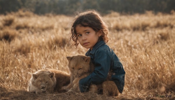 1girl,solo,looking at viewer,short hair,brown hair,long sleeves,holding,brown eyes,closed mouth,jacket,upper body,outdoors,signature,blurry,from side,lips,depth of field,blurry background,animal,grass,blue jacket,dog,realistic,nose,field,holding animal,parted lips,pants,dark-skinned female,squatting,denim,child,jeans,female child,denim jacket,wheat