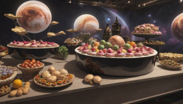 food,sky,no humans,night,fruit,moon,star (sky),night sky,scenery,plate,starry sky,realistic,basket,space,bread,egg,planet,food focus,potato,onion,table,cake,bowl,fantasy,grapes