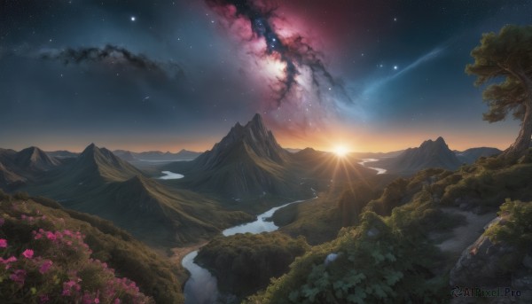 A landscape caught in a vivid sunset outdoors