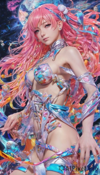 1girl,solo,long hair,breasts,looking at viewer,bangs,hair ornament,navel,bare shoulders,jewelry,medium breasts,pink hair,multicolored hair,cowboy shot,earrings,nail polish,lips,ring,revealing clothes,science fiction,space,planet,jellyfish,blue eyes,closed mouth,swimsuit,thighs,see-through,watermark,fish,bubble,underwater,realistic,nose