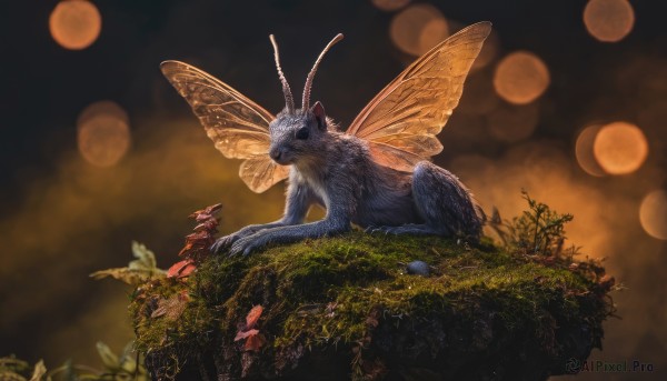 hat,sitting,flower,outdoors,wings,horns,blurry,no humans,depth of field,blurry background,animal,moon,grass,bug,plant,antennae,size difference,oversized animal,insect wings,purple hair,japanese clothes,looking at another,pokemon (creature),scenery,bowl,realistic,bowl hat