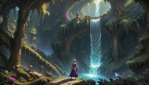 1girl,solo,short hair,black hair,1boy,dress,standing,weapon,flower,outdoors,sword,water,from behind,tree,glowing,grass,plant,nature,scenery,forest,fantasy,magic,vines,mushroom,wide shot,pillar,waterfall,long hair,bird,purple dress,facing away,moss,overgrown