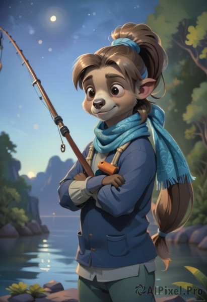 solo,long hair,smile,bangs,brown hair,shirt,long sleeves,1boy,holding,animal ears,brown eyes,very long hair,closed mouth,standing,jacket,ponytail,male focus,cowboy shot,outdoors,sky,pants,artist name,signature,water,scarf,tree,night,animal,crossed arms,moon,thick eyebrows,blue jacket,star (sky),night sky,furry,full moon,wading,low-tied long hair,starry sky,furry female,furry male,male child,body fur,blue scarf,animal nose,river,green pants,snout,lake,brown fur,fishing rod,fishing,holding fishing rod,1girl,day,pointy ears,blurry,nature,low ponytail,rock