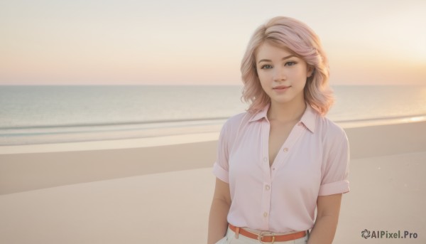 1girl,solo,looking at viewer,smile,blue eyes,blonde hair,simple background,brown hair,shirt,white background,white shirt,upper body,short sleeves,multicolored hair,outdoors,collared shirt,belt,medium hair,lips,buttons,realistic,partially unbuttoned,head tilt