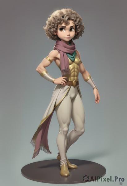 1girl,solo,breasts,looking at viewer,smile,short hair,simple background,brown hair,brown eyes,standing,full body,small breasts,belt,pants,dark skin,scarf,dark-skinned female,lips,hand on hip,muscular,abs,armlet,curly hair,toned,white pants,muscular female,bracer,afro,jewelry,grey background,armor,armband