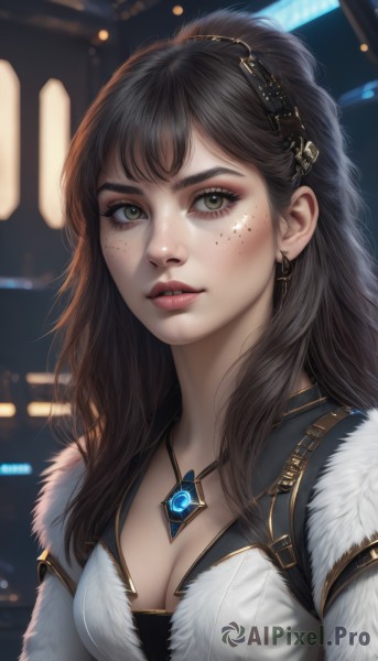 1girl,solo,long hair,breasts,looking at viewer,bangs,brown hair,black hair,hair ornament,cleavage,brown eyes,jewelry,medium breasts,upper body,earrings,parted lips,artist name,necklace,mole,blurry,lips,fur trim,eyelashes,makeup,blurry background,gem,pendant,freckles,realistic,nose,teeth,watermark