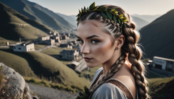 1girl,solo,long hair,looking at viewer,brown hair,brown eyes,jewelry,upper body,braid,earrings,outdoors,day,blurry,twin braids,from side,lips,depth of field,blurry background,ground vehicle,portrait,motor vehicle,freckles,mountain,realistic,nose,stud earrings,head wreath,black hair,dress,closed mouth,sunlight,scenery,dirty,landscape,laurel crown