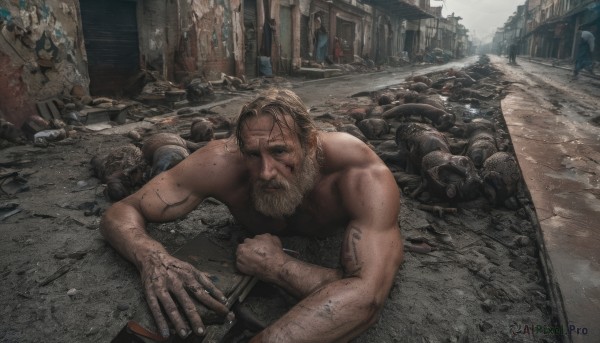 looking at viewer,blonde hair,1boy,holding,weapon,male focus,outdoors,lying,multiple boys,solo focus,holding weapon,gun,military,tattoo,muscular,facial hair,on stomach,muscular male,ground vehicle,building,motor vehicle,rifle,beard,6+boys,topless male,city,realistic,mustache,manly,ruins,old,dirty,death,soldier,corpse,war,solo,short hair,blue eyes,closed mouth,day,road,chest hair,street,arm hair