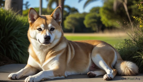 HQ,looking at viewer,full body,outdoors,lying,day,blurry,tree,no humans,depth of field,blurry background,animal,on side,grass,plant,on stomach,dog,realistic,animal focus,brown eyes,closed mouth,signature,nature,bush