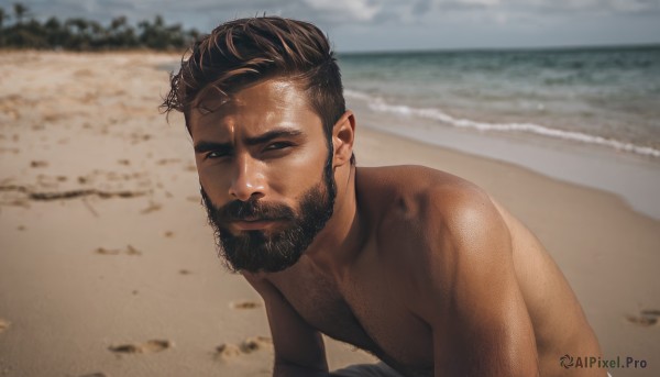 solo,looking at viewer,short hair,brown hair,black hair,1boy,closed mouth,upper body,male focus,outdoors,sky,day,dark skin,water,blurry,black eyes,blurry background,facial hair,ocean,beach,dark-skinned male,thick eyebrows,beard,topless male,realistic,mustache,sand,chest hair,photo background,smile,muscular,pectorals,muscular male,bara,large pectorals,mature male,undercut