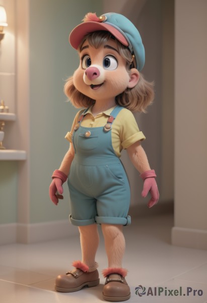 1girl,solo,smile,short hair,open mouth,blue eyes,brown hair,shirt,gloves,hat,standing,full body,short sleeves,:d,shoes,teeth,collared shirt,indoors,medium hair,black eyes,flat chest,brown footwear,child,furry,blue headwear,yellow shirt,female child,lamp,overalls,arm hair,blue overalls,overall shorts,1boy,male focus,shorts,thick eyebrows,light,leg hair,hairy