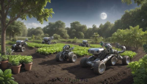 weapon,outdoors,multiple boys,sky,cloud,tree,gun,military,no humans,night,shadow,moon,helmet,grass,plant,ground vehicle,star (sky),nature,night sky,scenery,motor vehicle,full moon,forest,road,bush,camouflage,vehicle focus,motorcycle,machine gun,day,robot,rifle,science fiction,cannon