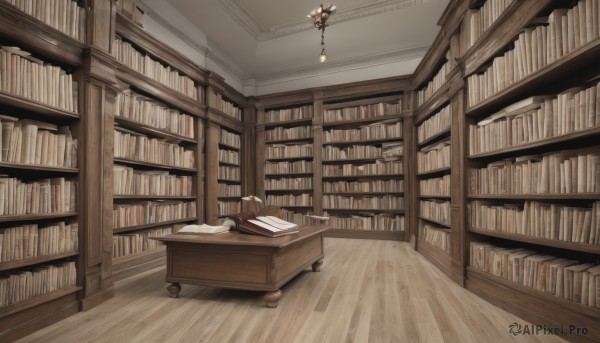 indoors,book,no humans,chair,table,scenery,desk,broom,wooden floor,bookshelf,lamp,book stack,library,ceiling,ladder,chandelier,voile,ceiling light