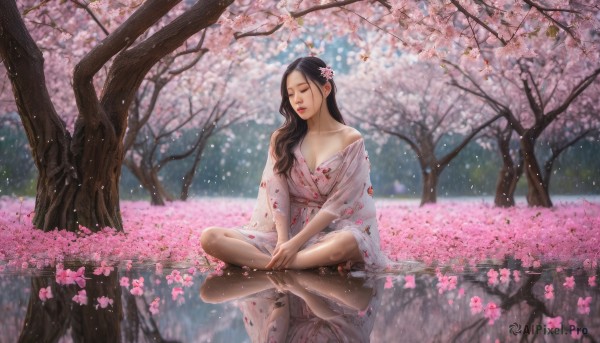 1girl, solo, long hair, breasts, black hair, hair ornament, sitting, closed eyes, flower, outdoors, japanese clothes, barefoot, hair flower, kimono, water, tree, petals, cherry blossoms, reflection, realistic