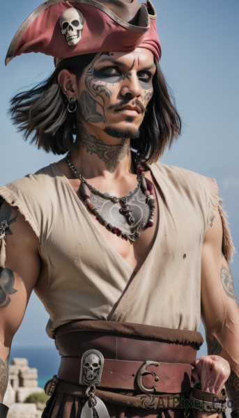 solo,black hair,1boy,hat,brown eyes,jewelry,closed mouth,upper body,male focus,earrings,outdoors,sky,sleeveless,day,belt,necklace,blurry,black eyes,blue sky,lips,sash,tattoo,blurry background,facial hair,facial mark,beard,skull,realistic,nose,arm tattoo,facepaint,facial tattoo,chest tattoo,pirate hat,pirate,tooth necklace,skull necklace,1girl,looking at viewer,weapon,cosplay,piercing,sheath