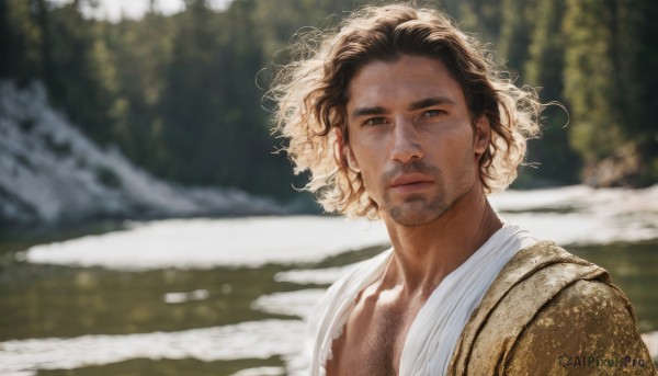 solo,looking at viewer,blue eyes,brown hair,black hair,1boy,closed mouth,upper body,male focus,outdoors,day,dark skin,blurry,black eyes,blurry background,facial hair,dark-skinned male,messy hair,portrait,nature,beard,curly hair,realistic,stubble,chest hair,afro,brown eyes,lips,depth of field,sunlight,wind,snow