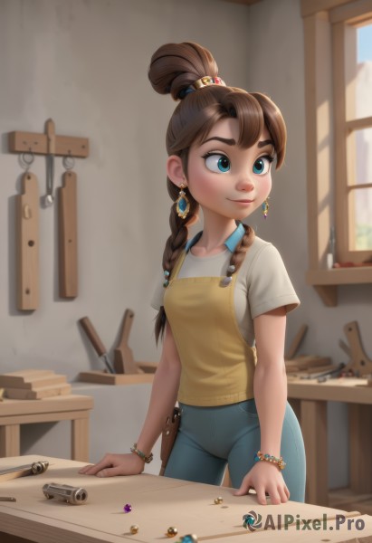 1girl,solo,long hair,breasts,smile,bangs,blue eyes,brown hair,shirt,hair ornament,jewelry,closed mouth,standing,collarbone,white shirt,braid,short sleeves,cowboy shot,earrings,small breasts,day,pants,artist name,indoors,hair bun,blurry,apron,bracelet,lips,gun,window,single braid,blurry background,table,sunlight,single hair bun,thick eyebrows,denim,t-shirt,gem,hair over shoulder,freckles,beads,jeans,nose,coin,bead bracelet,blush,ponytail,book,looking away,yellow shirt,hair tie,overalls,hammer,scissors,shelf,gold,bullet