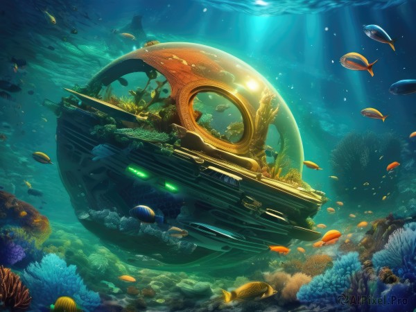 water,no humans,glowing,ocean,sunlight,scenery,fish,science fiction,bubble,light rays,underwater,air bubble,watercraft,jellyfish,turtle,coral,seaweed,animal,fantasy,sunbeam,ship,whale,caustics