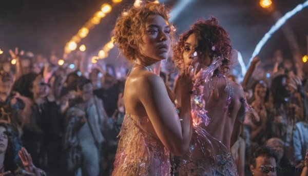 looking at viewer,short hair,multiple girls,blonde hair,brown hair,black hair,dress,2girls,bare shoulders,brown eyes,jewelry,upper body,multiple boys,wings,dark skin,necklace,blurry,looking at another,dark-skinned female,lips,depth of field,blurry background,6+boys,curly hair,backless outfit,bare back,backless dress,crowd,very dark skin,1girl,hair ornament,earrings,solo focus,bracelet,makeup,night,formal,ring,gem,realistic,dancing,yellow dress,bokeh