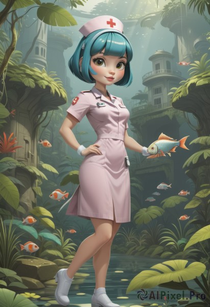 1girl,solo,breasts,looking at viewer,smile,short hair,bangs,hat,dress,holding,brown eyes,closed mouth,blue hair,standing,full body,yellow eyes,short sleeves,small breasts,boots,outdoors,shoes,day,artist name,signature,blunt bangs,water,high heels,tree,lips,hand on hip,wrist cuffs,aqua hair,makeup,animal,leaf,sunlight,white footwear,bob cut,cross,plant,building,pink dress,nature,fish,pocket,light rays,nurse cap,nurse,sunbeam,ruins,red cross,green eyes,uniform,watermark