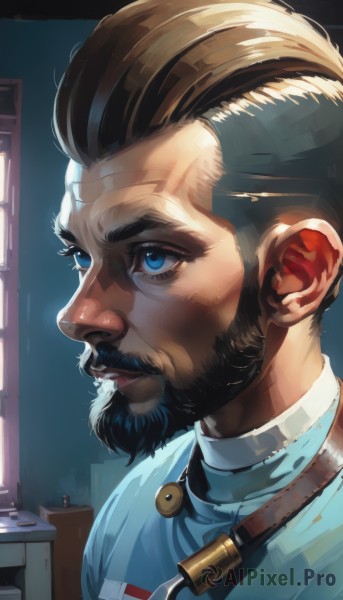 solo,short hair,blue eyes,brown hair,1boy,upper body,male focus,indoors,uniform,window,facial hair,portrait,beard,realistic,nose,mustache,black hair,closed mouth,white hair,multicolored hair,from side,two-tone hair,lips,profile,blue shirt,serious,doctor