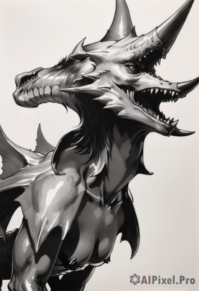 solo,breasts,open mouth,simple background,cleavage,medium breasts,purple eyes,tail,monochrome,greyscale,wings,horns,teeth,grey background,from side,no humans,muscular,sharp teeth,single horn,spikes,spot color,monster,dragon,white background,upper body,signature,profile,colored sclera,black sclera