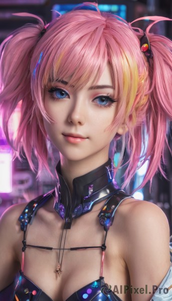 1girl,solo,breasts,looking at viewer,smile,short hair,bangs,blue eyes,blonde hair,hair ornament,cleavage,bare shoulders,twintails,jewelry,medium breasts,closed mouth,collarbone,upper body,pink hair,multicolored hair,small breasts,necklace,off shoulder,blurry,lips,streaked hair,eyelashes,makeup,detached collar,blurry background,short twintails,pink lips,realistic,nose,swimsuit,bikini,artist name,signature,depth of field,swept bangs,lipstick,close-up,eyeshadow,eyeliner,mascara,cyberpunk