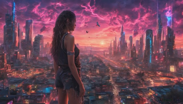 1girl, solo, long hair, jewelry, standing, outdoors, sky, shorts, cloud, from behind, short shorts, bird, cloudy sky, building, scenery, armlet, sunset, city, cityscape, skyscraper, lightning