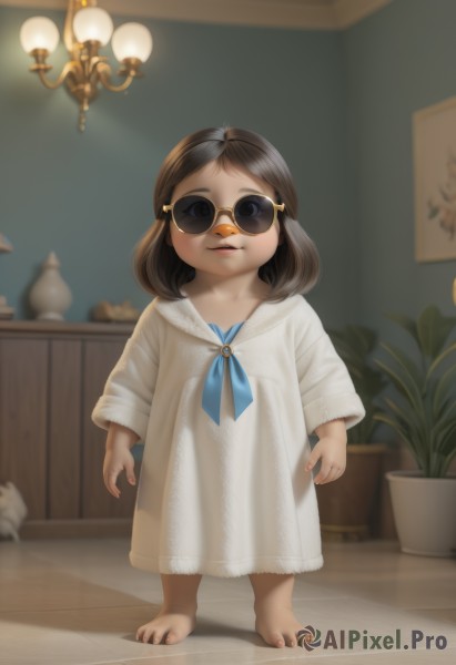 1girl,solo,looking at viewer,smile,short hair,brown hair,long sleeves,dress,standing,full body,parted lips,glasses,barefoot,indoors,medium hair,blurry,neckerchief,sunglasses,plant,child,toenails,female child,potted plant,lamp,bangs,hair ornament,artist name,white dress,black eyes,feet,lips,see-through,parted bangs,toes,blurry background,watermark,aged down,robe,realistic,oversized clothes,nightgown,white robe,yellow-framed eyewear