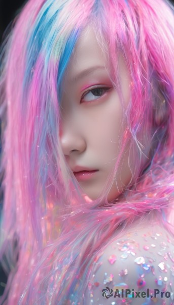 1girl,solo,long hair,looking at viewer,bangs,simple background,closed mouth,blue hair,upper body,pink hair,multicolored hair,hair over one eye,black eyes,lips,grey eyes,eyelashes,makeup,lipstick,black background,portrait,eyeshadow,realistic,nose,eyeliner,mascara,blue eyes,parted lips,expressionless