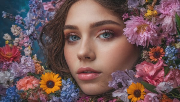 1girl, solo, looking at viewer, short hair, brown hair, flower, parted lips, lips, grey eyes, eyelashes, portrait, pink flower, realistic, yellow flower, nose, purple flower, orange flower