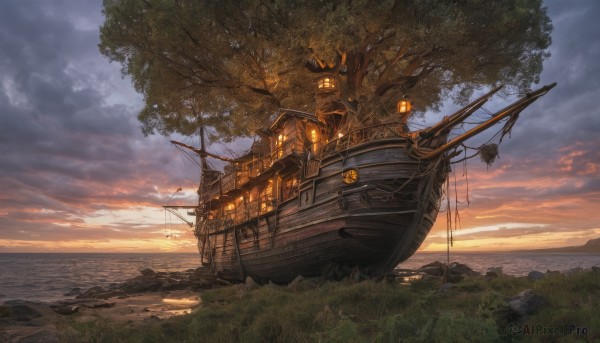 A majestic sunset outdoors featuring a boat