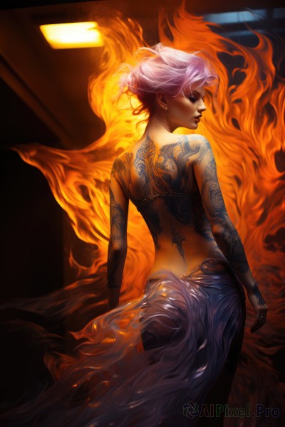 1girl,solo,looking at viewer,short hair,blue eyes,hair ornament,bare shoulders,jewelry,standing,ass,white hair,earrings,looking back,indoors,hair bun,from behind,lips,tattoo,makeup,back,topless,single hair bun,fire,bare back,back tattoo,dress,pink hair,lipstick,nose,full-body tattoo