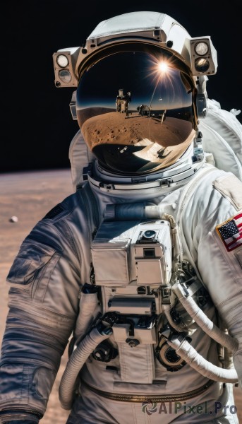 solo,gloves,upper body,helmet,1other,reflection,science fiction,realistic,space,planet,ambiguous gender,earth (planet),american flag,spacecraft,spacesuit,japanese flag,space helmet,astronaut,1boy,male focus,multiple boys,2boys,moon,star (sky),sun,cable,multiple others