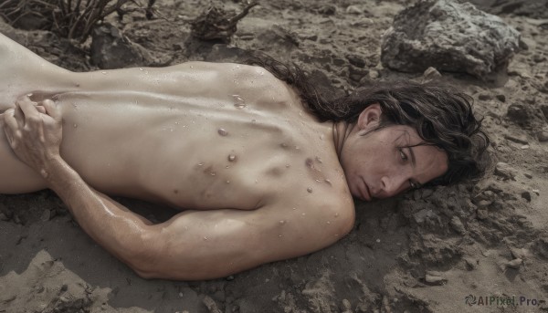 solo,black hair,1boy,closed mouth,ass,male focus,nude,outdoors,lying,black eyes,wet,completely nude,back,on stomach,freckles,realistic,stubble,dirty,looking at viewer,short hair,brown hair,looking back,expressionless,covering,on ground,hand on own ass