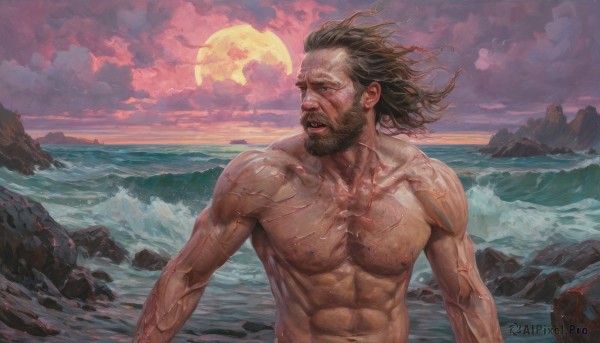 solo,blue eyes,brown hair,black hair,1boy,navel,nipples,collarbone,upper body,male focus,nude,outdoors,sky,cloud,medium hair,water,looking to the side,muscular,facial hair,ocean,scar,beach,abs,moon,cloudy sky,pectorals,muscular male,bara,beard,scar on face,full moon,veins,topless male,rock,mature male,realistic,mustache,manly,waves,veiny arms,wind,chest hair,red moon,red sky