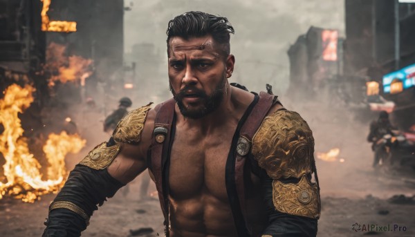 solo,short hair,black hair,1boy,jewelry,closed mouth,upper body,male focus,earrings,outdoors,multiple boys,solo focus,dark skin,armor,blurry,looking to the side,muscular,blurry background,facial hair,scar,abs,dark-skinned male,suspenders,fire,pectorals,muscular male,shoulder armor,beard,scar on face,pauldrons,mature male,scar across eye,manly,explosion,shoulder pads,chest hair,looking at viewer,brown eyes,ground vehicle,bara,motor vehicle,smoke,realistic,mustache