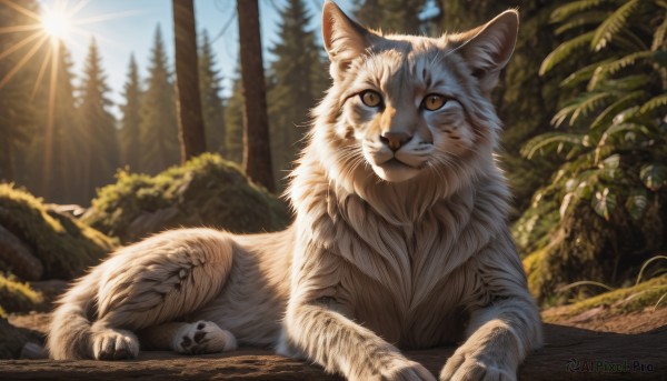 solo,looking at viewer,brown eyes,yellow eyes,outdoors,lying,sky,teeth,day,blurry,tree,no humans,animal,fangs,sunlight,cat,plant,nature,claws,forest,realistic,sun,animal focus,whiskers,closed mouth,signature,blue sky,depth of field,blurry background,sleeping